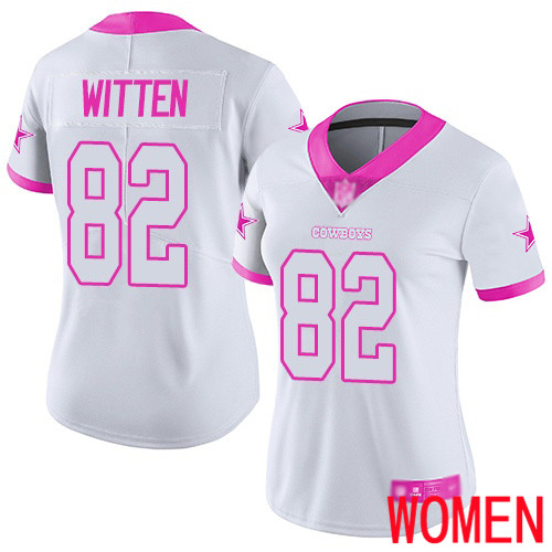 Women Dallas Cowboys Limited White Pink Jason Witten #82 Rush Fashion NFL Jersey